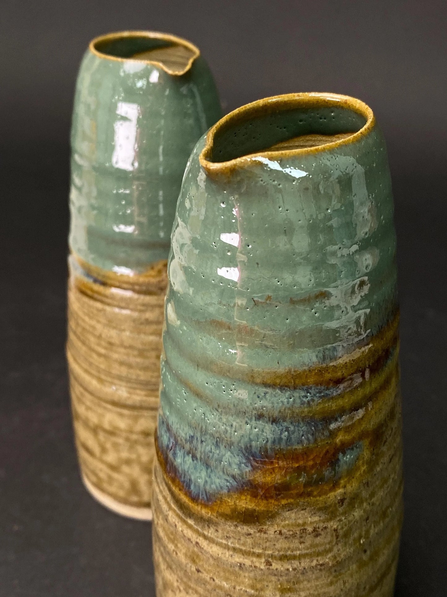 Sansuke Yaki Pair of Tokkuri Bottles by Hitoshi: Japanese Pottery Ishikawa Stoneware with Tomobako Wooden Box
