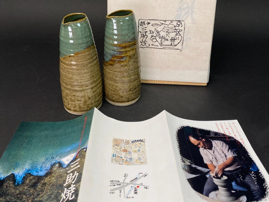 Sansuke Yaki Pair of Tokkuri Bottles by Hitoshi: Japanese Pottery Ishikawa Stoneware with Tomobako Wooden Box