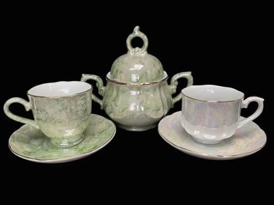 Lusterware Eggshell Coffee Teacup and Sugar Bowl: Japanese Vintage Porcelain with Green Marble and Iridescent Pearl Finish