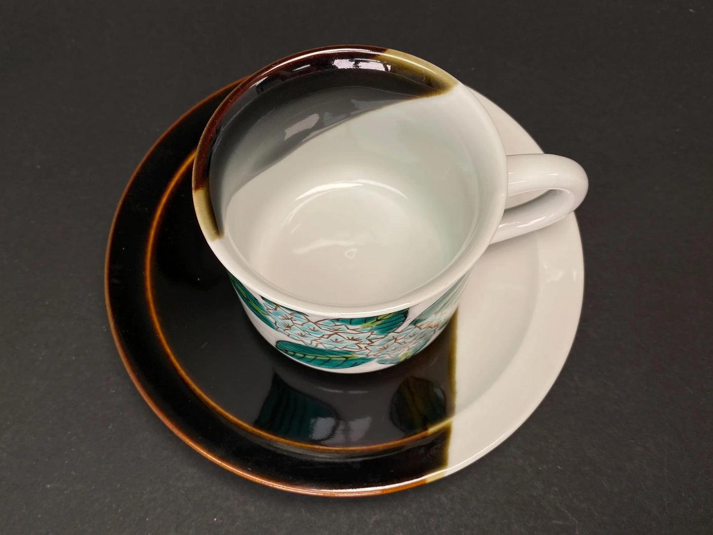 Kutani Ware Teacup Set by Juen: Mid Century Modern Japanese Porcelain, Hand Painted Hydrangea Demitasse Cup and Saucer