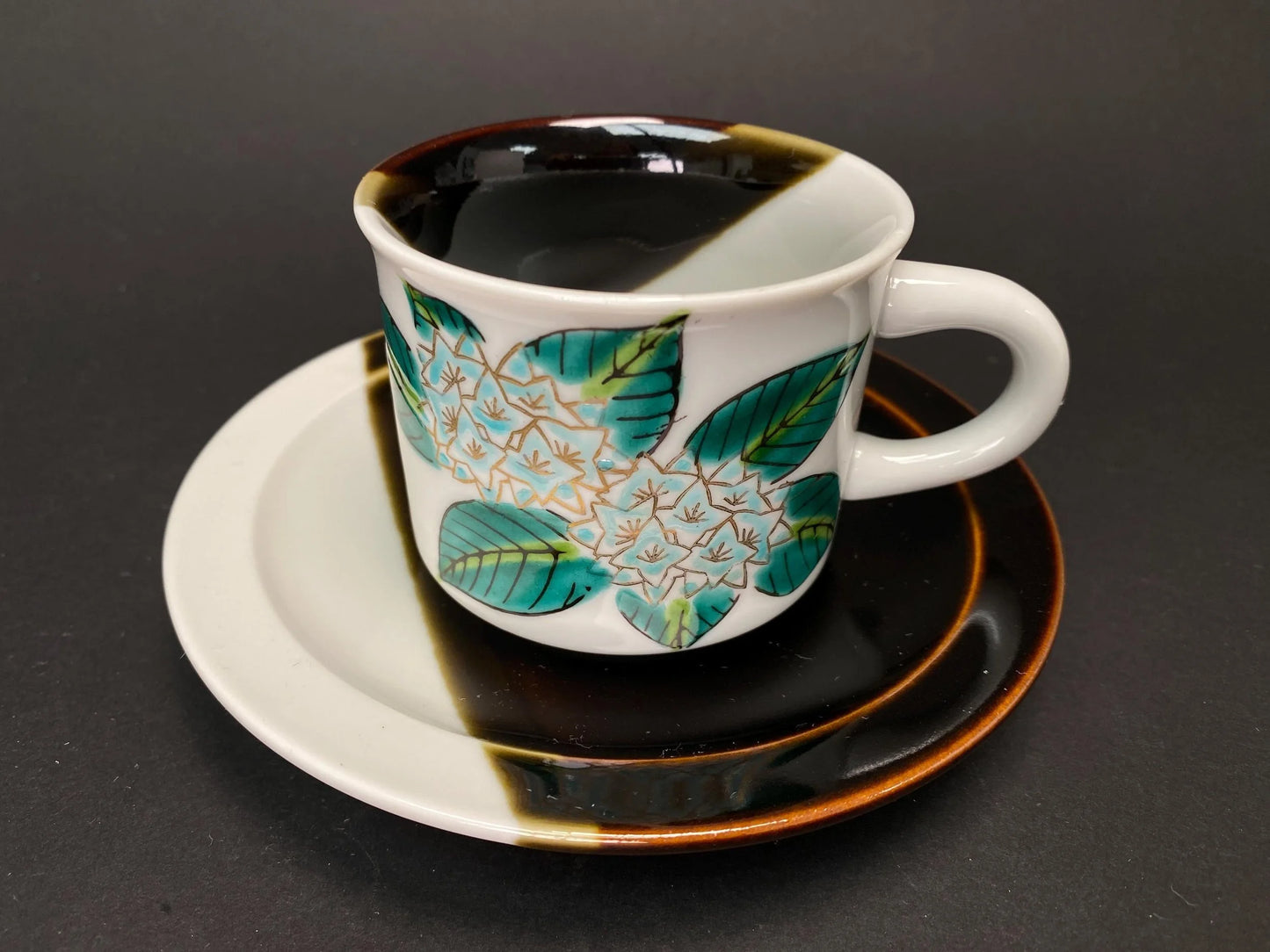 Kutani Ware Teacup Set by Juen: Mid Century Modern Japanese Porcelain, Hand Painted Hydrangea Demitasse Cup and Saucer