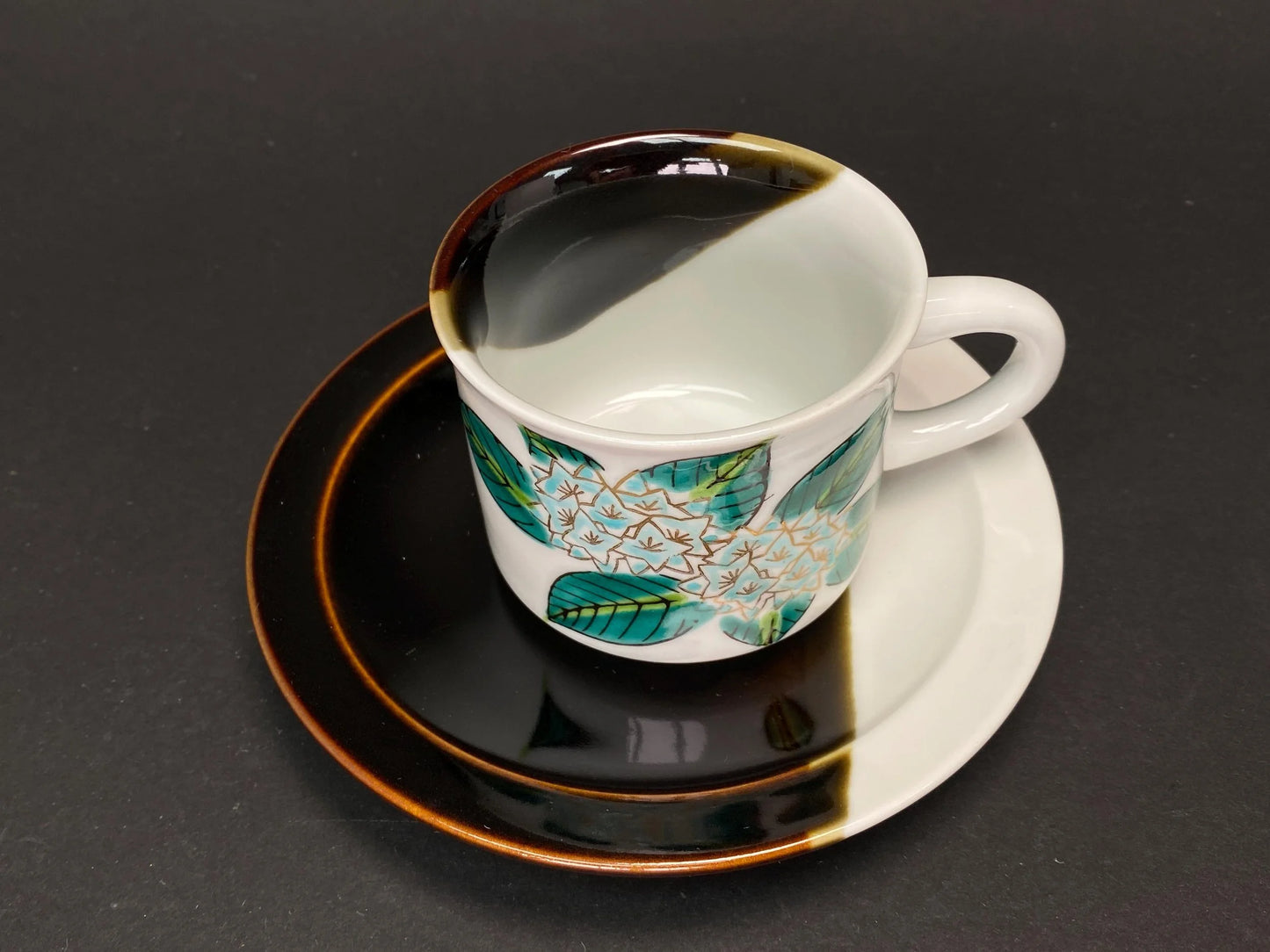 Kutani Ware Teacup Set by Juen: Mid Century Modern Japanese Porcelain, Hand Painted Hydrangea Demitasse Cup and Saucer