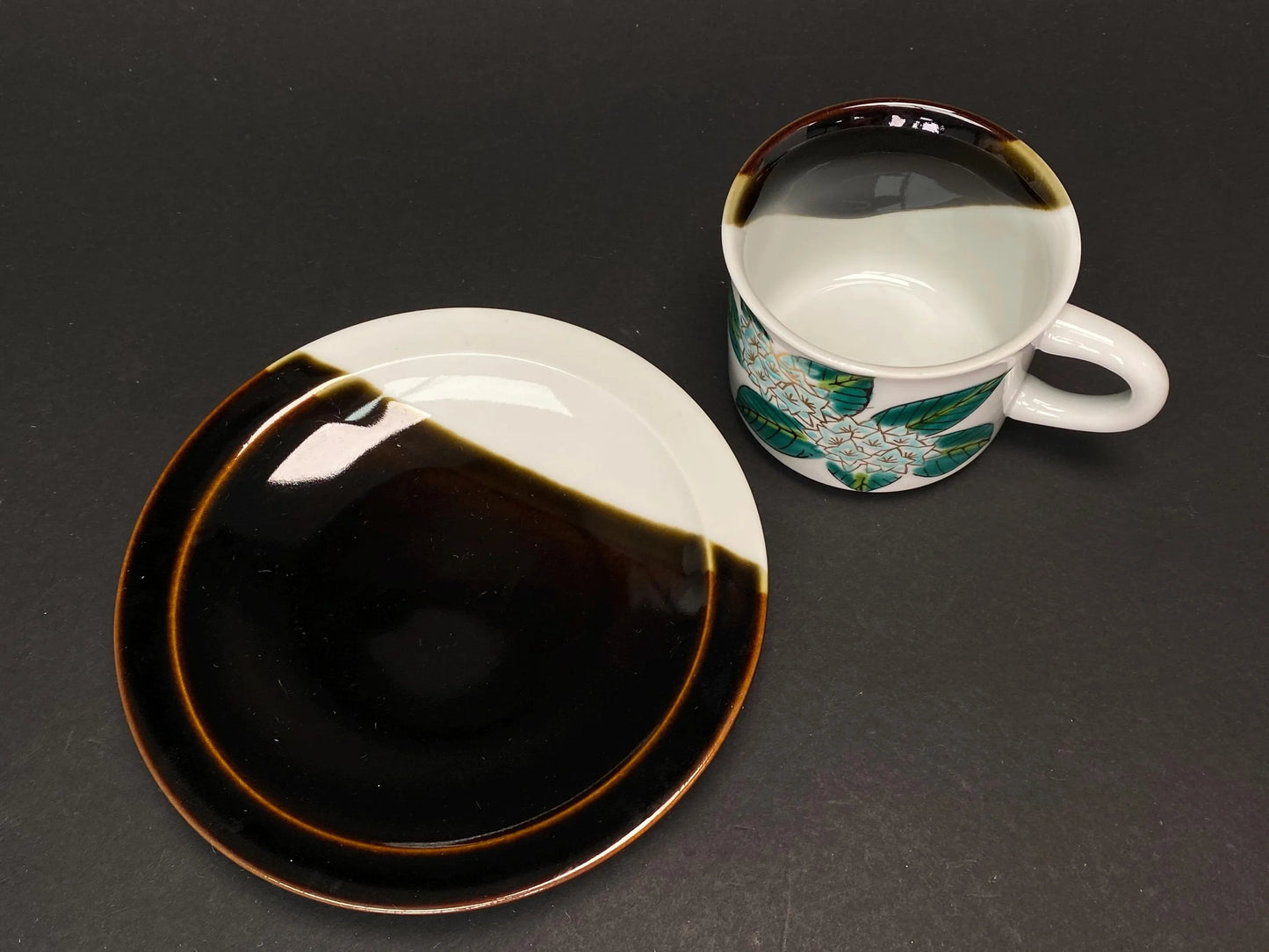 Kutani Ware Teacup Set by Juen: Mid Century Modern Japanese Porcelain, Hand Painted Hydrangea Demitasse Cup and Saucer