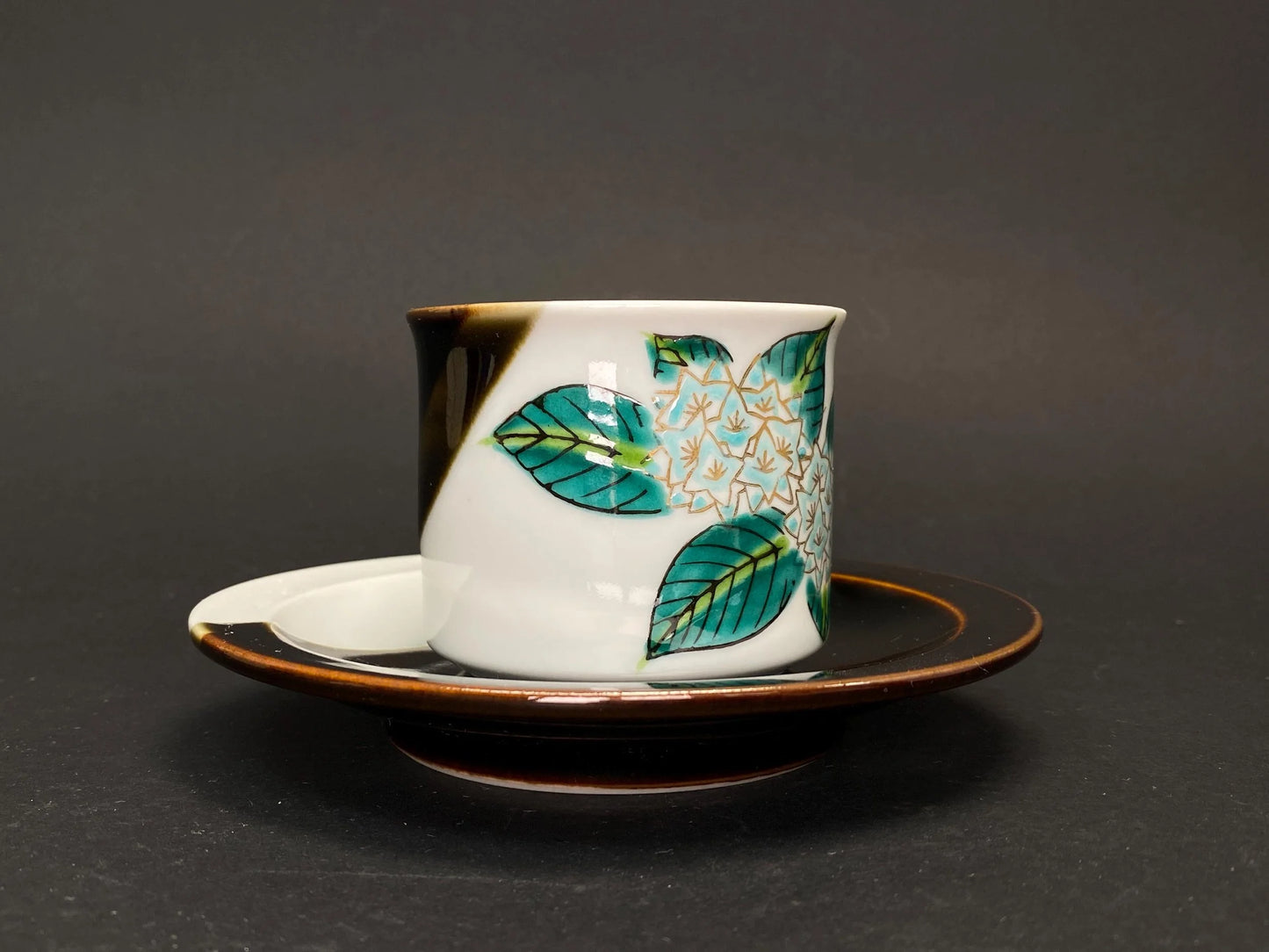 Kutani Ware Teacup Set by Juen: Mid Century Modern Japanese Porcelain, Hand Painted Hydrangea Demitasse Cup and Saucer