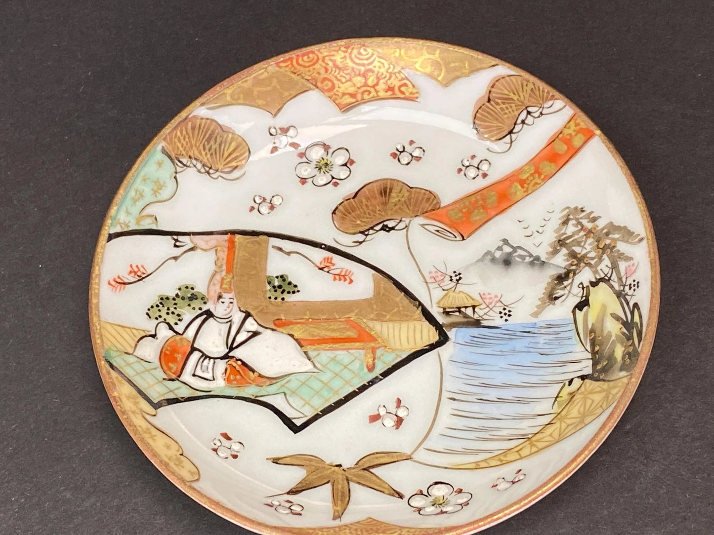 Antique Kutani Ware Plates Meiji Period: Japanese Porcelain Hand Painted Sauce Dish with Gilt Accents