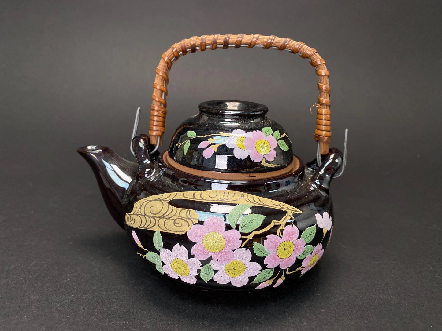 Japanese Teapot with Rattan Handle: Vintage Hand Painted Sakura Dobin, Black Ceramic Kyusu for Tea Ceremony Matcha kettle