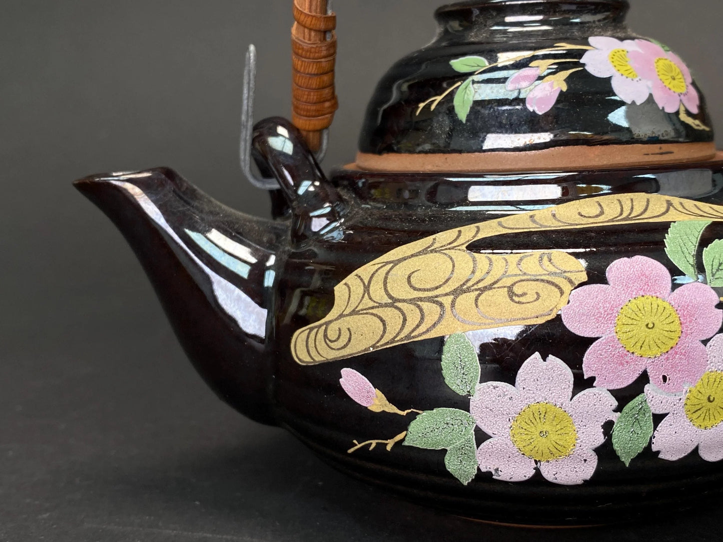 Japanese Teapot with Rattan Handle: Vintage Hand Painted Sakura Dobin, Black Ceramic Kyusu for Tea Ceremony Matcha kettle