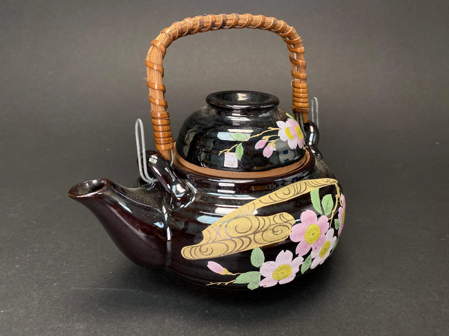 Japanese Teapot with Rattan Handle: Vintage Hand Painted Sakura Dobin, Black Ceramic Kyusu for Tea Ceremony Matcha kettle