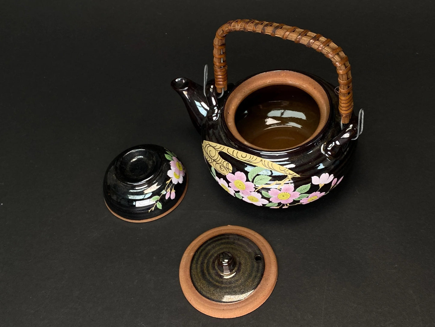 Japanese Teapot with Rattan Handle: Vintage Hand Painted Sakura Dobin, Black Ceramic Kyusu for Tea Ceremony Matcha kettle