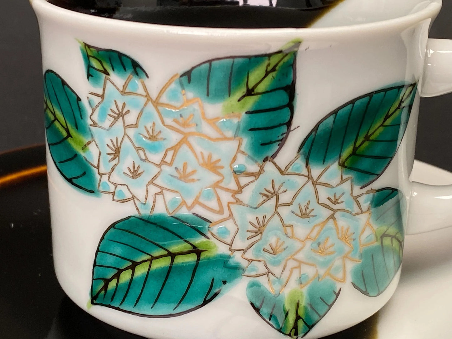Kutani Ware Teacup Set by Juen: Mid Century Modern Japanese Porcelain, Hand Painted Hydrangea Demitasse Cup and Saucer
