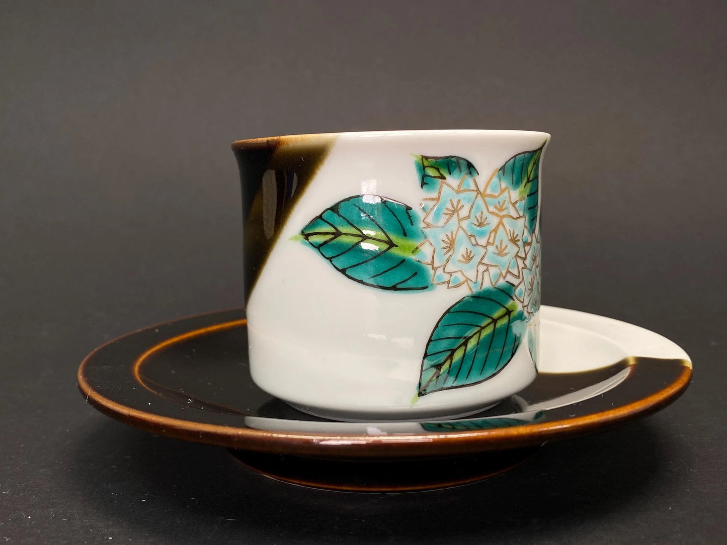 Kutani Ware Teacup Set by Juen: Mid Century Modern Japanese Porcelain, Hand Painted Hydrangea Demitasse Cup and Saucer