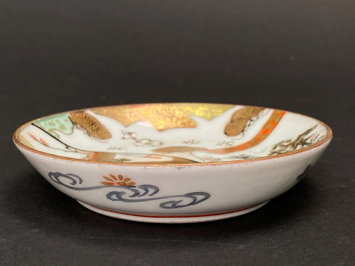 Antique Kutani Ware Plates Meiji Period: Japanese Porcelain Hand Painted Sauce Dish with Gilt Accents