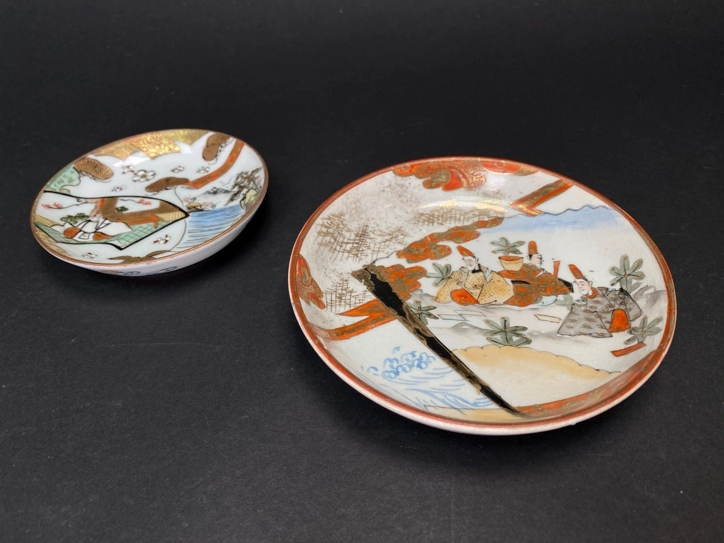Antique Kutani Ware Plates Meiji Period: Japanese Porcelain Hand Painted Sauce Dish with Gilt Accents