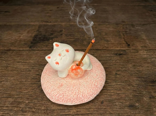 Japanese Sleeping Cat Incense Holder: Burner for Stick Incense, 2-piece Cute Ceramic Figurine for Zen Decor