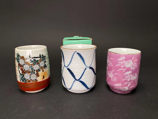 Vintage Japanese Pottery Cup Collection: 3 Styles of Wabi Sabi Teacups, Handmade Studio Ceramic Yunomi for Zen Decor