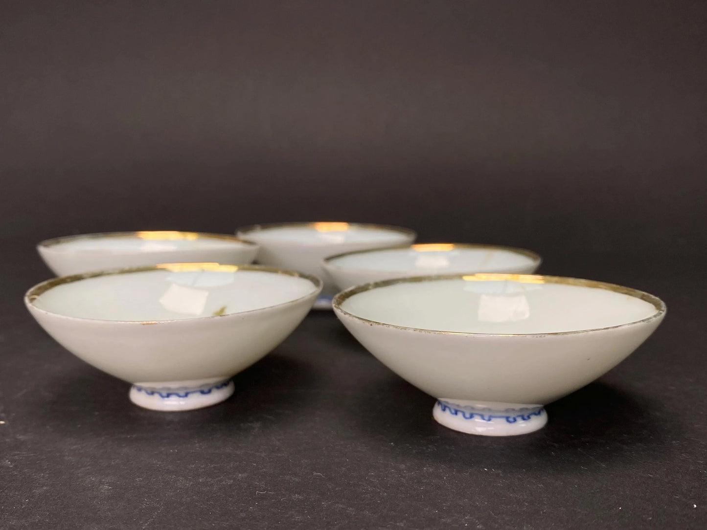 Set of 5 Delicate Japanese Sake Cups, Semi Translucent Thin Porcelain, Vintage Ochoko Set Wabi-Sabi Style