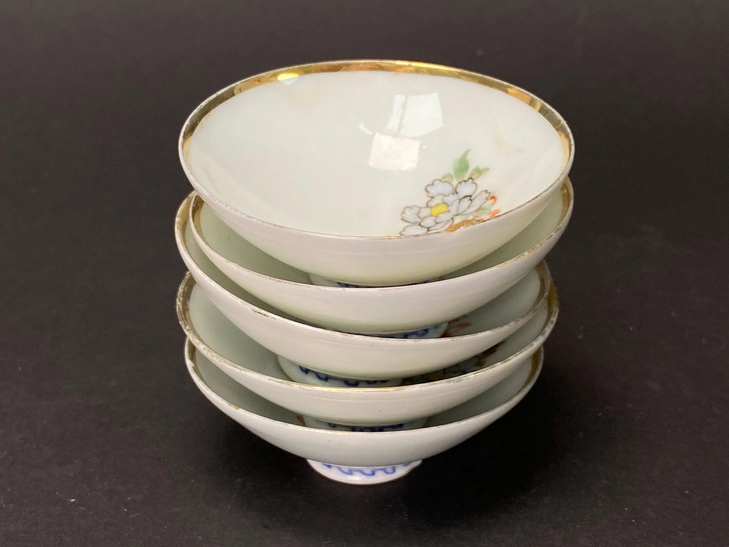 Set of 5 Delicate Japanese Sake Cups, Semi Translucent Thin Porcelain, Vintage Ochoko Set Wabi-Sabi Style