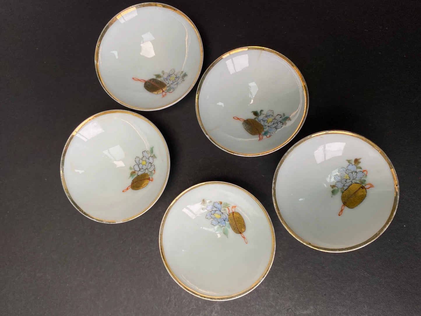 Set of 5 Delicate Japanese Sake Cups, Semi Translucent Thin Porcelain, Vintage Ochoko Set Wabi-Sabi Style