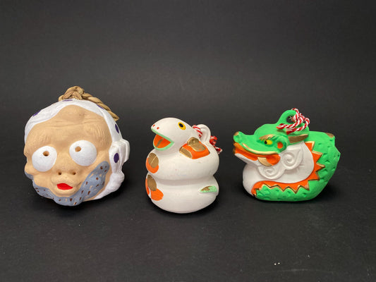 3 Japanese Clay Bells: Vintage Style Dorei , Zodiac Dragon, Snake, Traditional Figure, Ceramic Folk Art Good Luck Charm