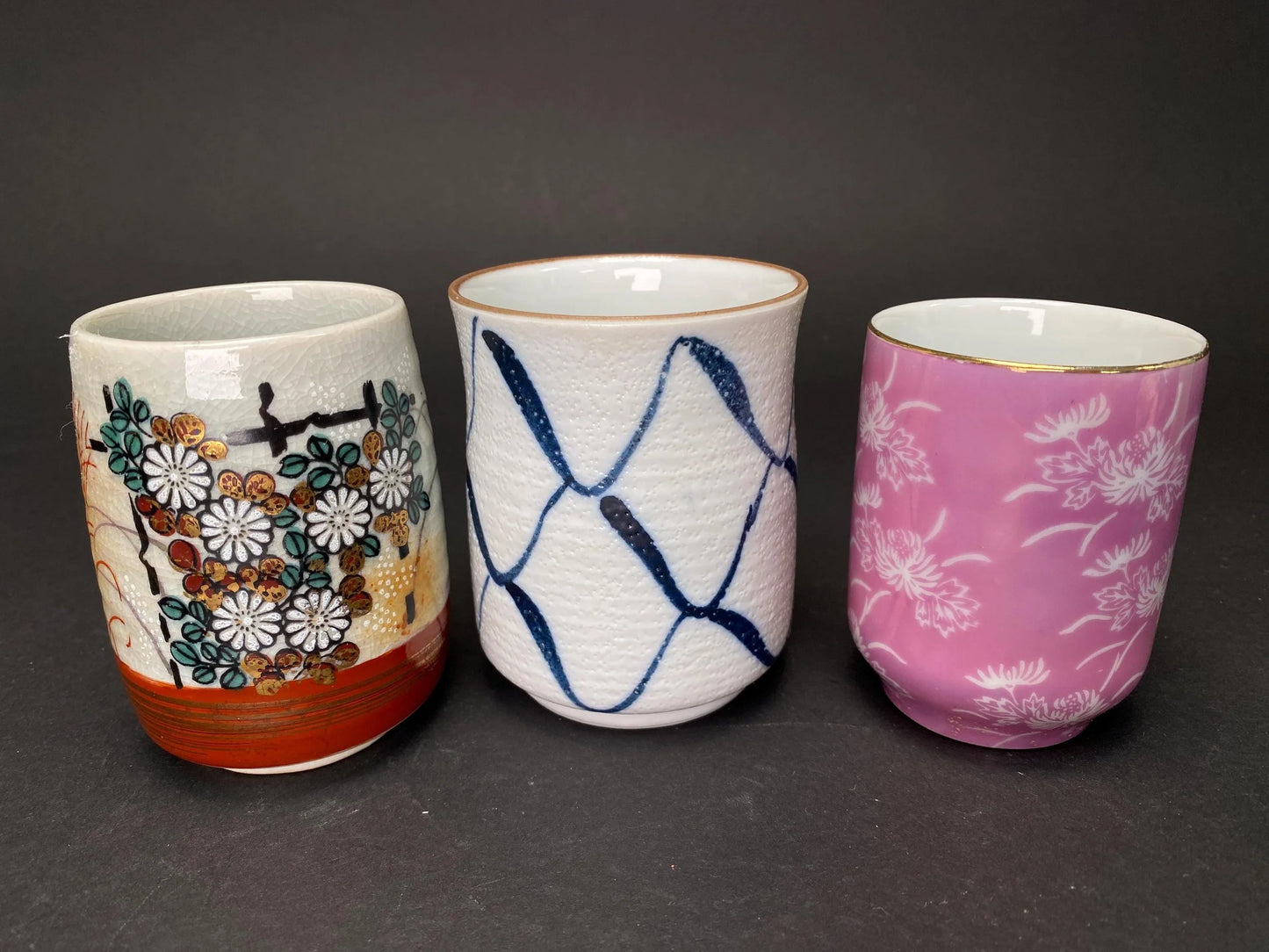 Vintage Japanese Pottery Cup Collection: 3 Styles of Wabi Sabi Teacups, Handmade Studio Ceramic Yunomi for Zen Decor