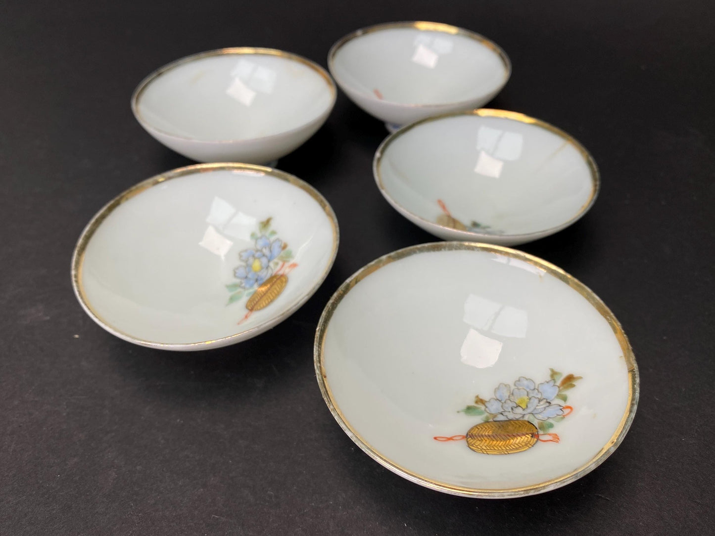 Set of 5 Delicate Japanese Sake Cups, Semi Translucent Thin Porcelain, Vintage Ochoko Set Wabi-Sabi Style