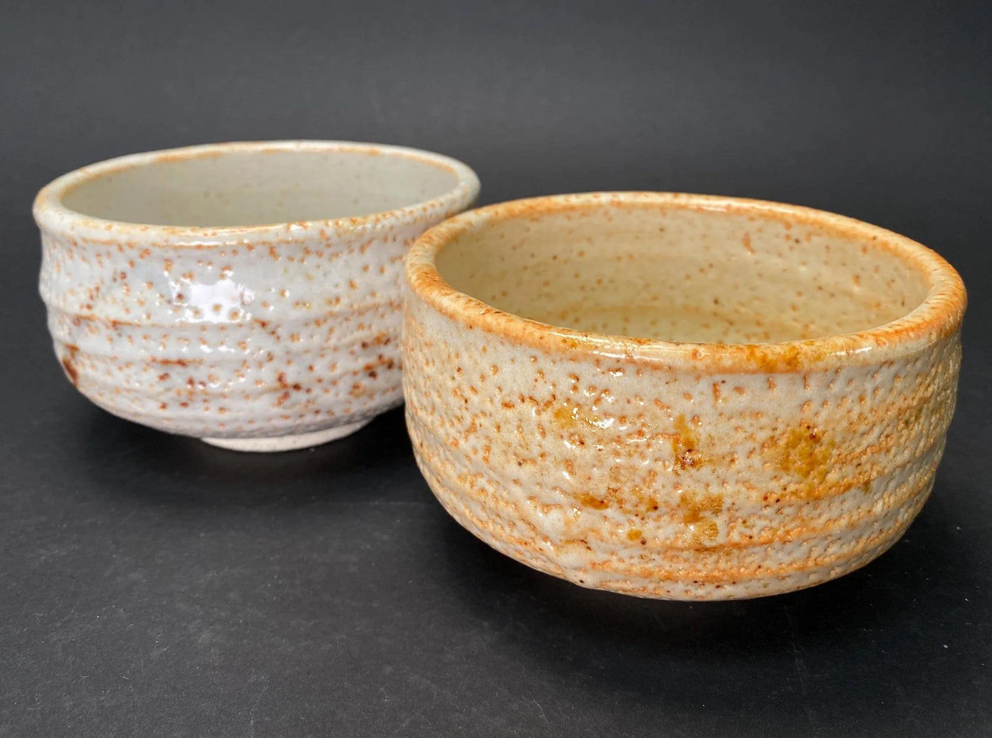 PAIR Vintage Japanese Shino Ware Matcha Bowl Chawan Set with Box: Rustic White & Golden Glaze Tea Ceremony Pottery