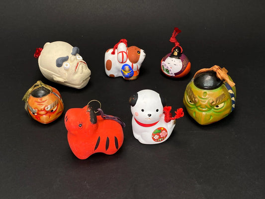 Set of 7 Vintage Japanese Clay Bells: Zodiac Animals Lucky Cat Daruma and Folk Masks, Rustic Mingei Pottery Dorei Collection, Wabi Sabi