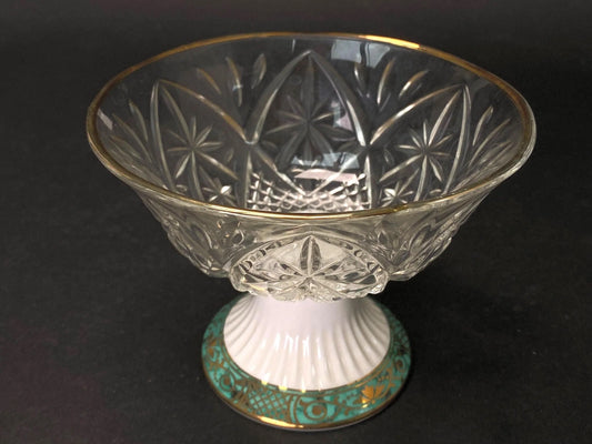 KURIYAMA Compote Bowl Ikebana Vase, Japanese RARE Glass & Ceramic bowl, W5" Flower Arrangement Vintage, White Glass goblet, Made in Japan
