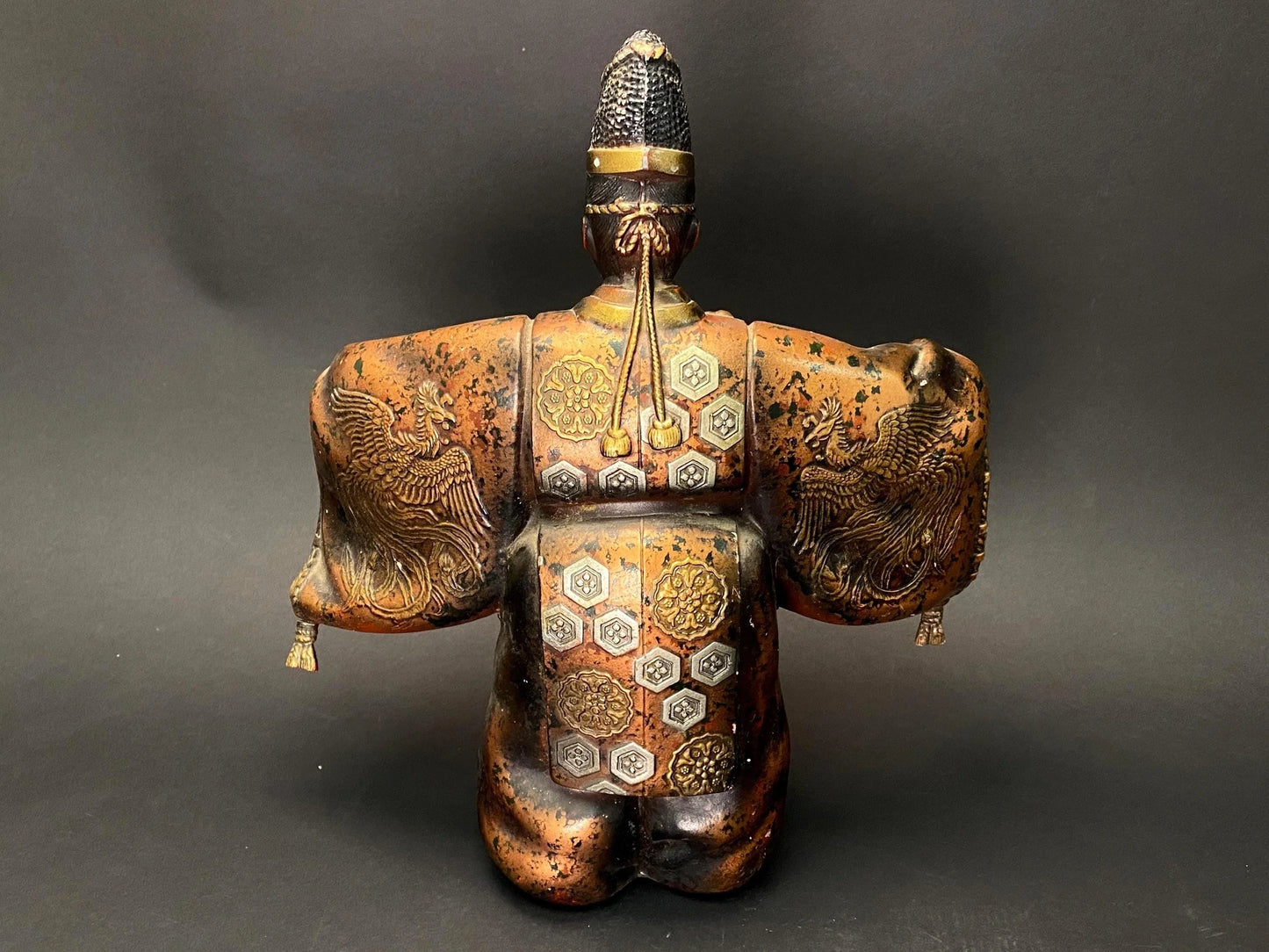 Japanese Cast Metal Noh Dancer Statue: Heavy Bronze Finish Okimono, Court Noble Figure, Phoenix Motif, 12" Asian Decor