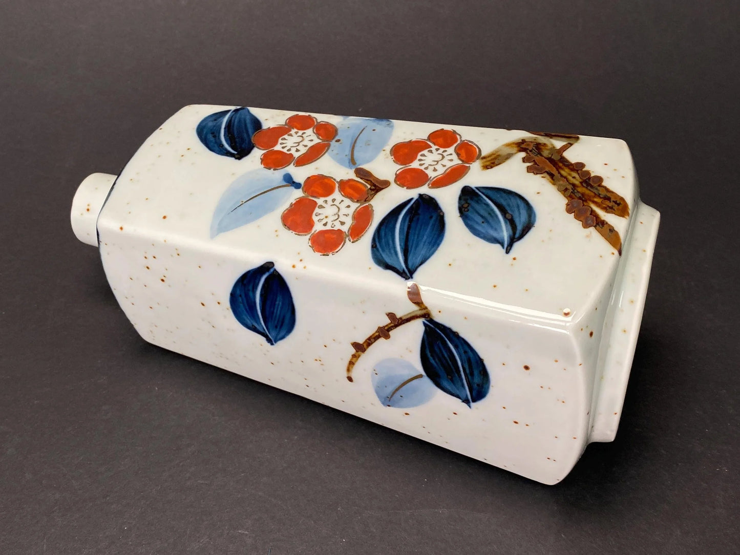 Japanese Camellia Vase Signed Kouhouen: Rectangular Pottery 8.5", Red Tsubaki Flower & Blue Leaf, Ikebana Vase Decor