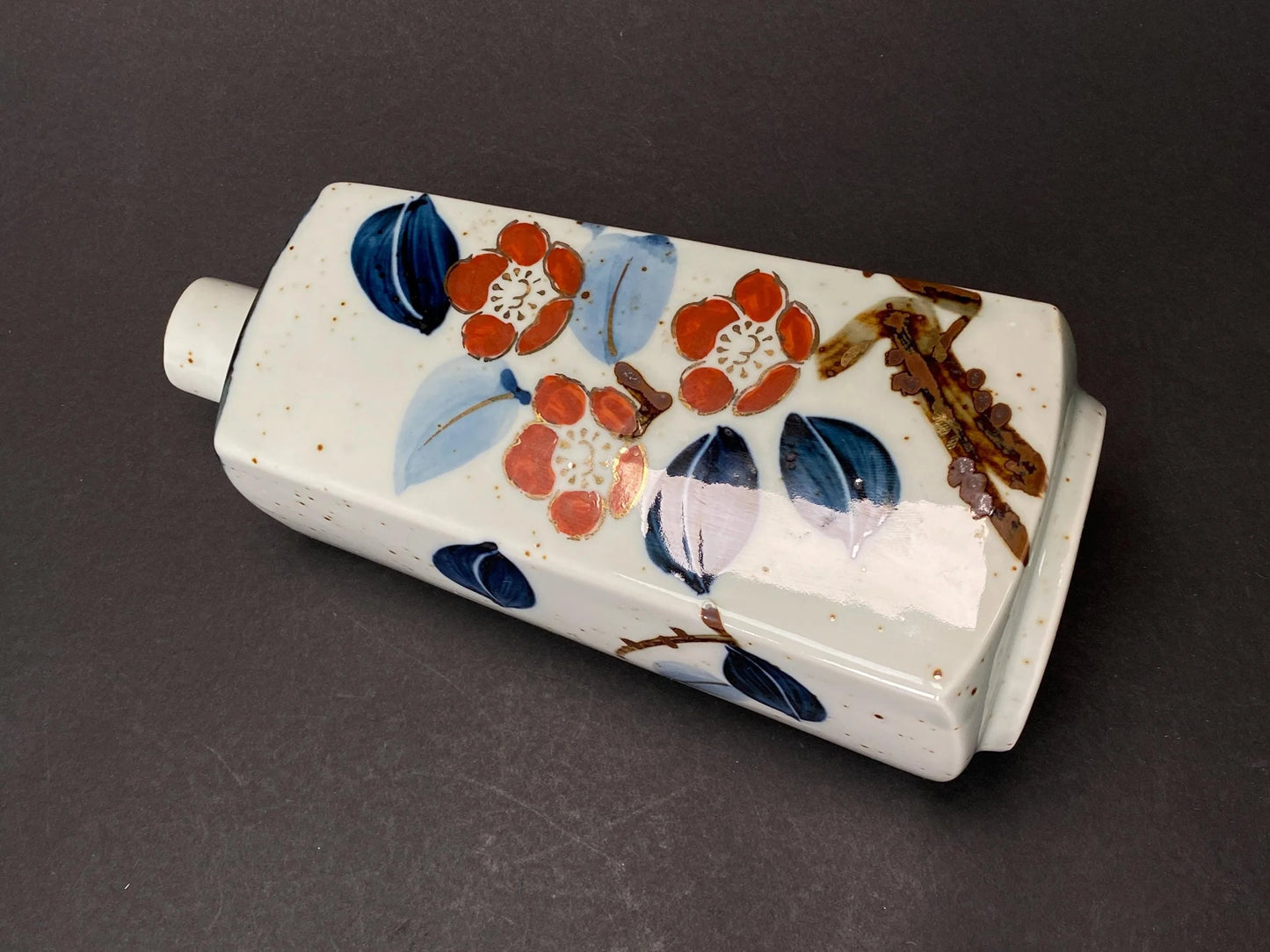 Japanese Camellia Vase Signed Kouhouen: Rectangular Pottery 8.5", Red Tsubaki Flower & Blue Leaf, Ikebana Vase Decor