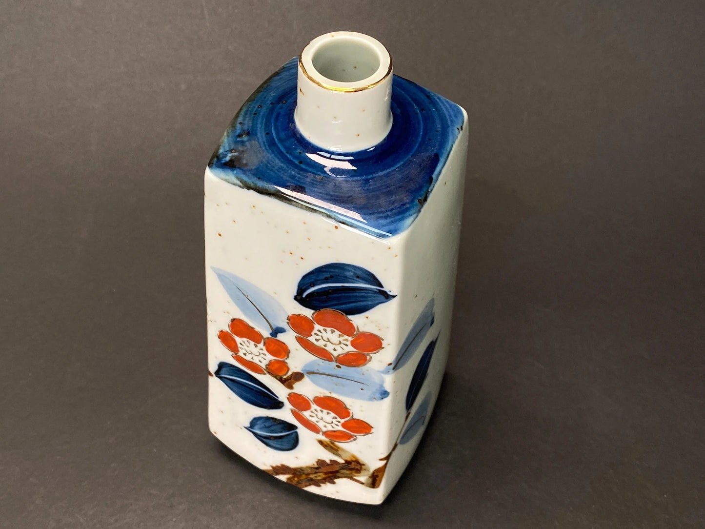 Japanese Camellia Vase Signed Kouhouen: Rectangular Pottery 8.5", Red Tsubaki Flower & Blue Leaf, Ikebana Vase Decor
