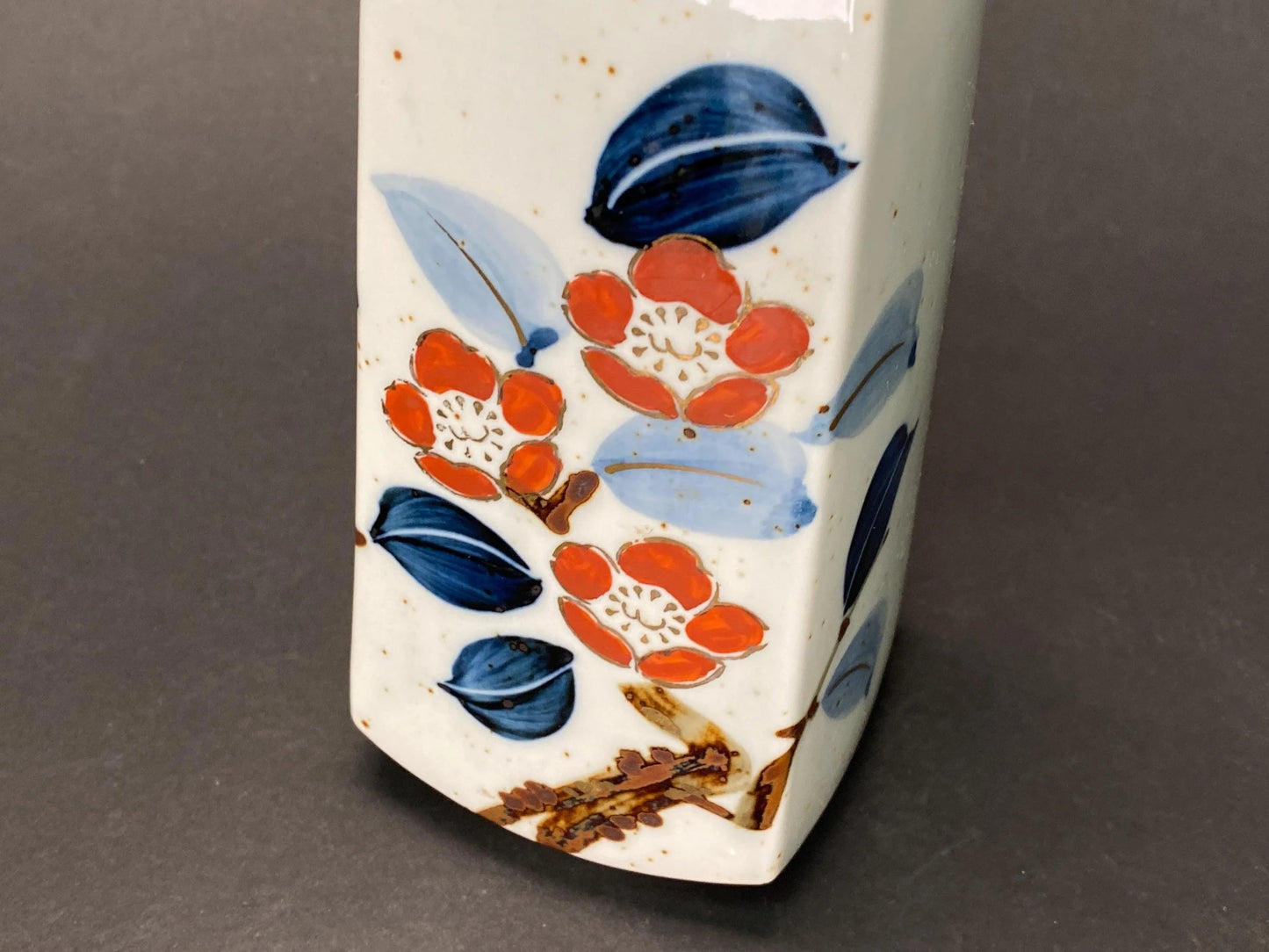 Japanese Camellia Vase Signed Kouhouen: Rectangular Pottery 8.5", Red Tsubaki Flower & Blue Leaf, Ikebana Vase Decor