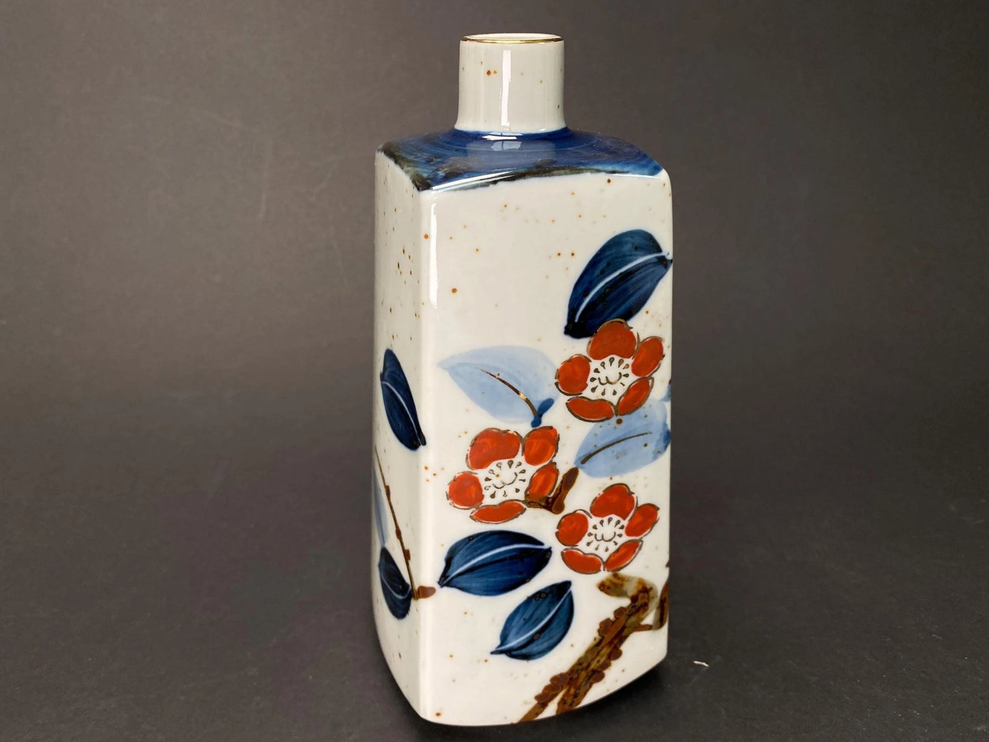 Japanese Camellia Vase Signed Kouhouen: Rectangular Pottery 8.5", Red Tsubaki Flower & Blue Leaf, Ikebana Vase Decor