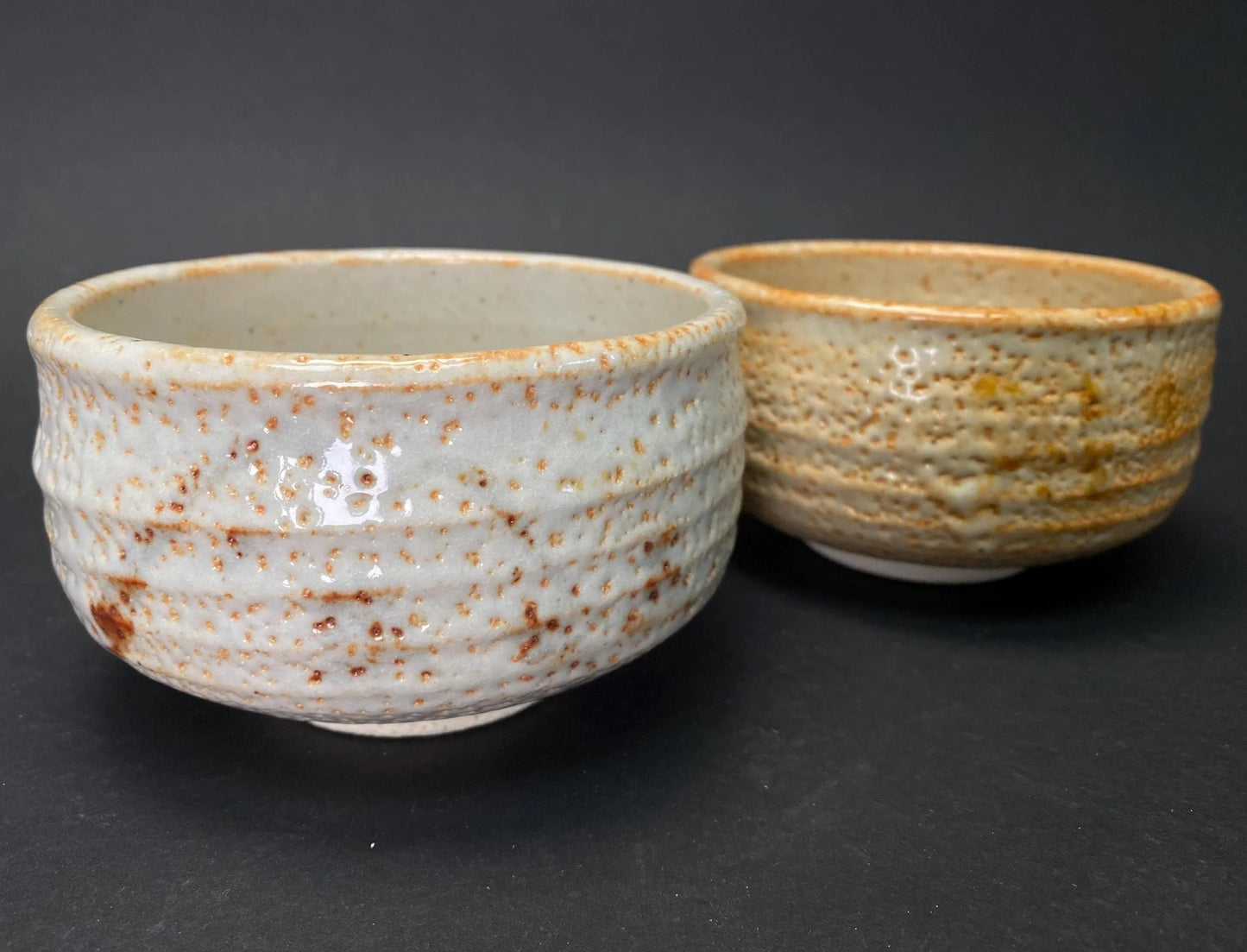 PAIR Vintage Japanese Shino Ware Matcha Bowl Chawan Set with Box: Rustic White & Golden Glaze Tea Ceremony Pottery