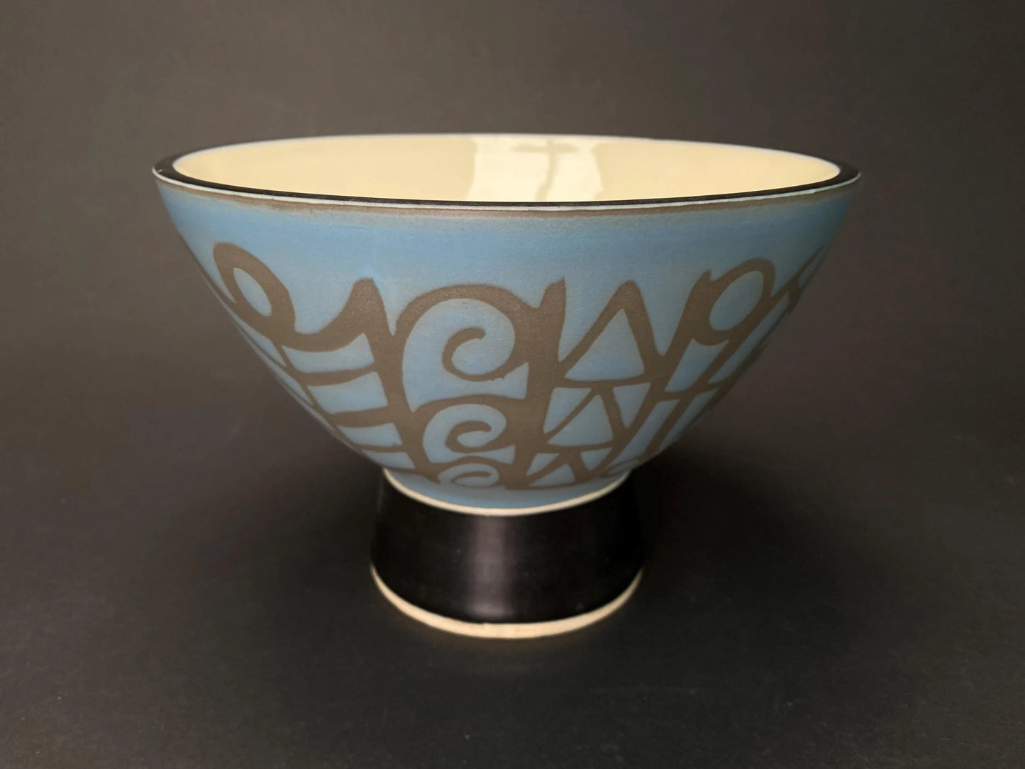 Japanese Tosen Takadai Planter Footed Bowl Signed Tosen：Blue Geometric Sgraffito Pottery, Dia 8" Ceramic Compote, Modern Decor Centerpiece