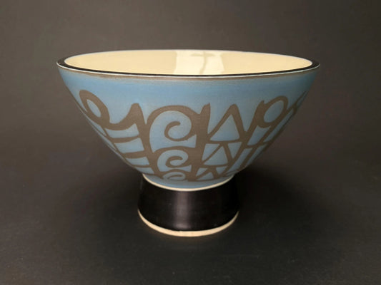 Japanese Tosen Takadai Planter Footed Bowl Signed Tosen：Blue Geometric Sgraffito Pottery, Dia 8" Ceramic Compote, Modern Decor Centerpiece