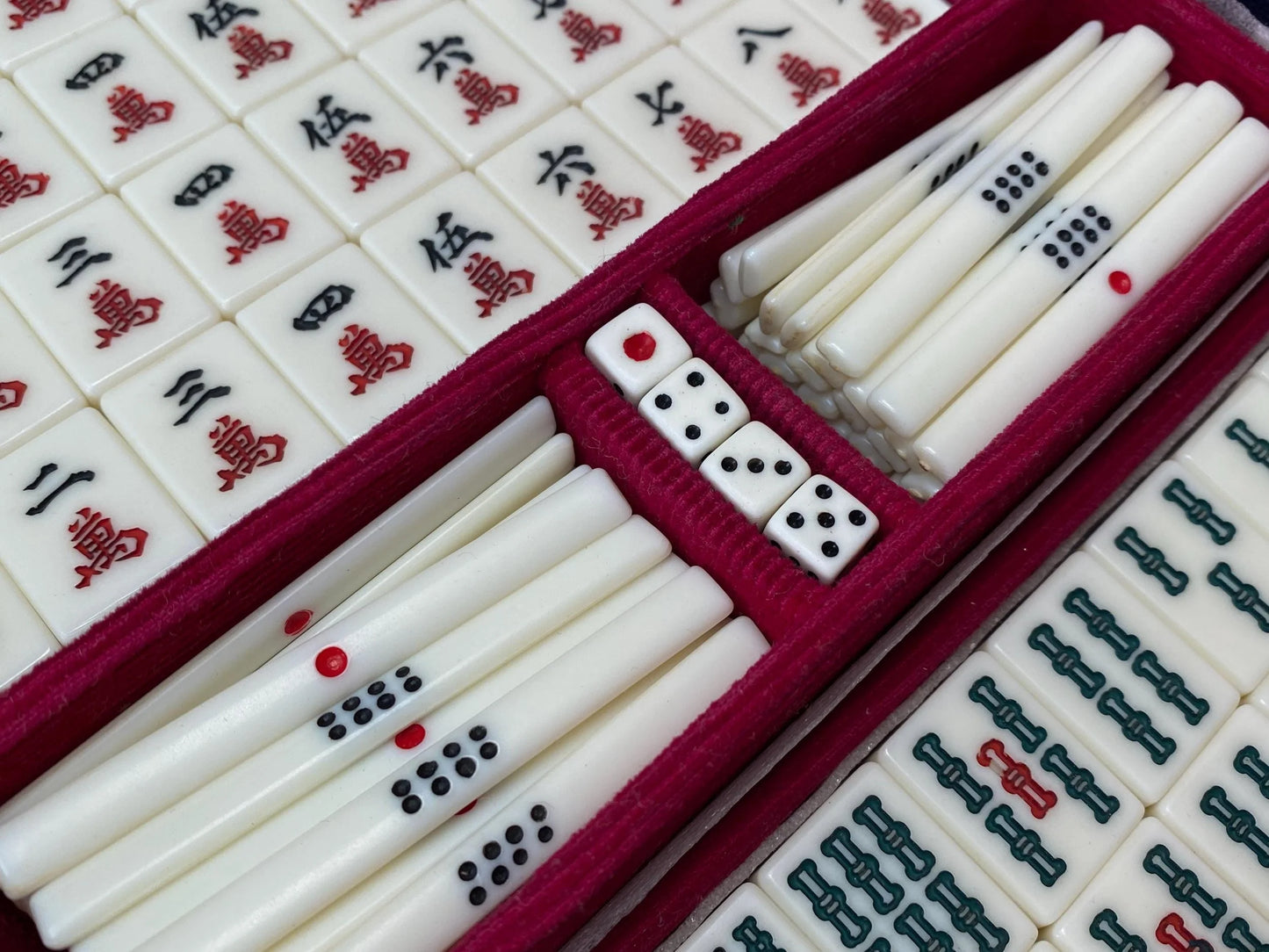 Antique Japanese Bamboo Mahjong, Mah Jong Tile Set, Blue Velvet portable Case Tile, Japan vintage dealing game Vintage