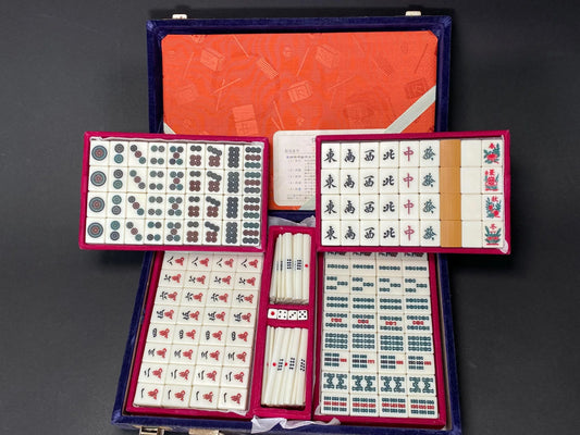 Antique Japanese Bamboo Mahjong, Mah Jong Tile Set, Blue Velvet portable Case Tile, Japan vintage dealing game Vintage