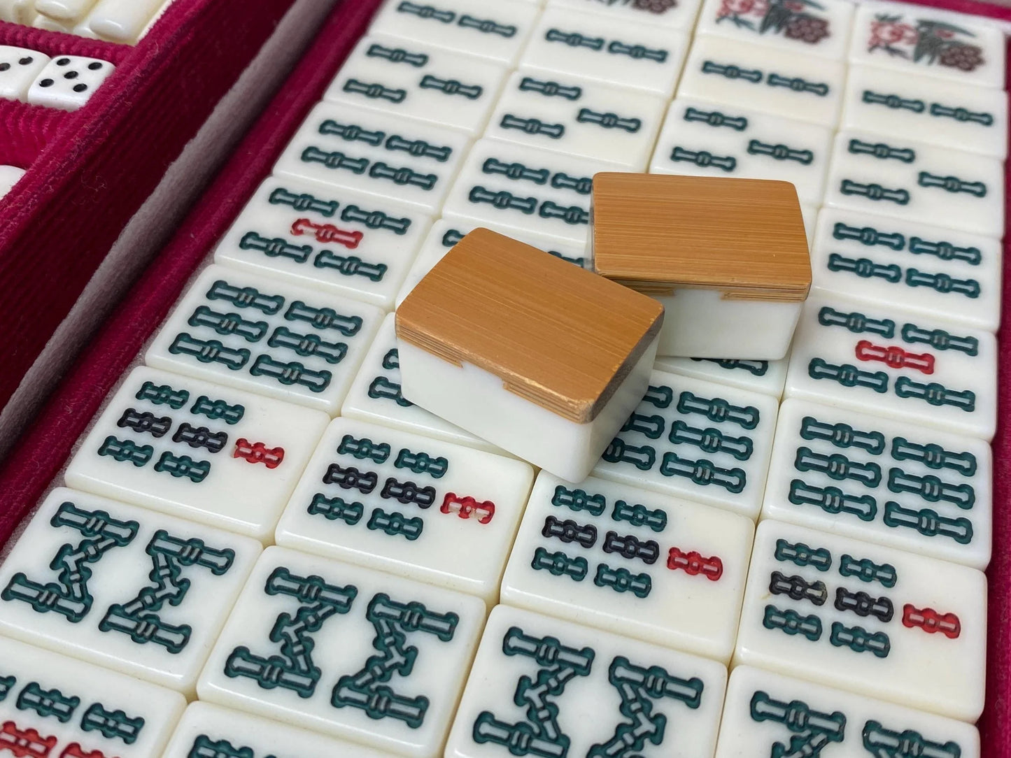 Antique Japanese Bamboo Mahjong, Mah Jong Tile Set, Blue Velvet portable Case Tile, Japan vintage dealing game Vintage