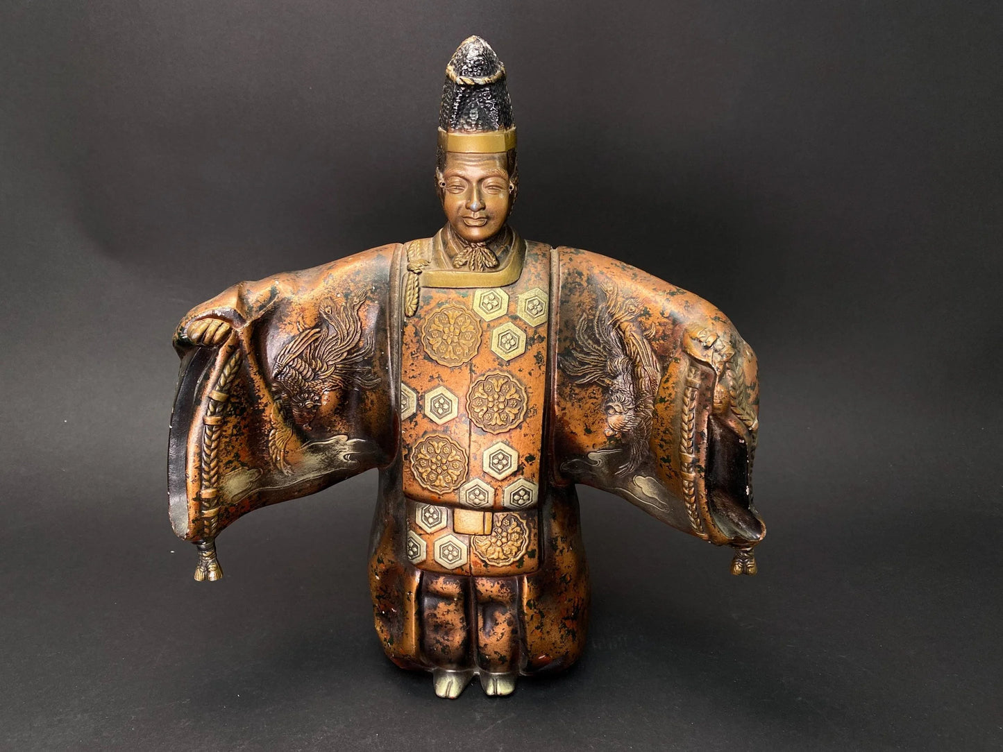 Japanese Cast Metal Noh Dancer Statue: Heavy Bronze Finish Okimono, Court Noble Figure, Phoenix Motif, 12" Asian Decor