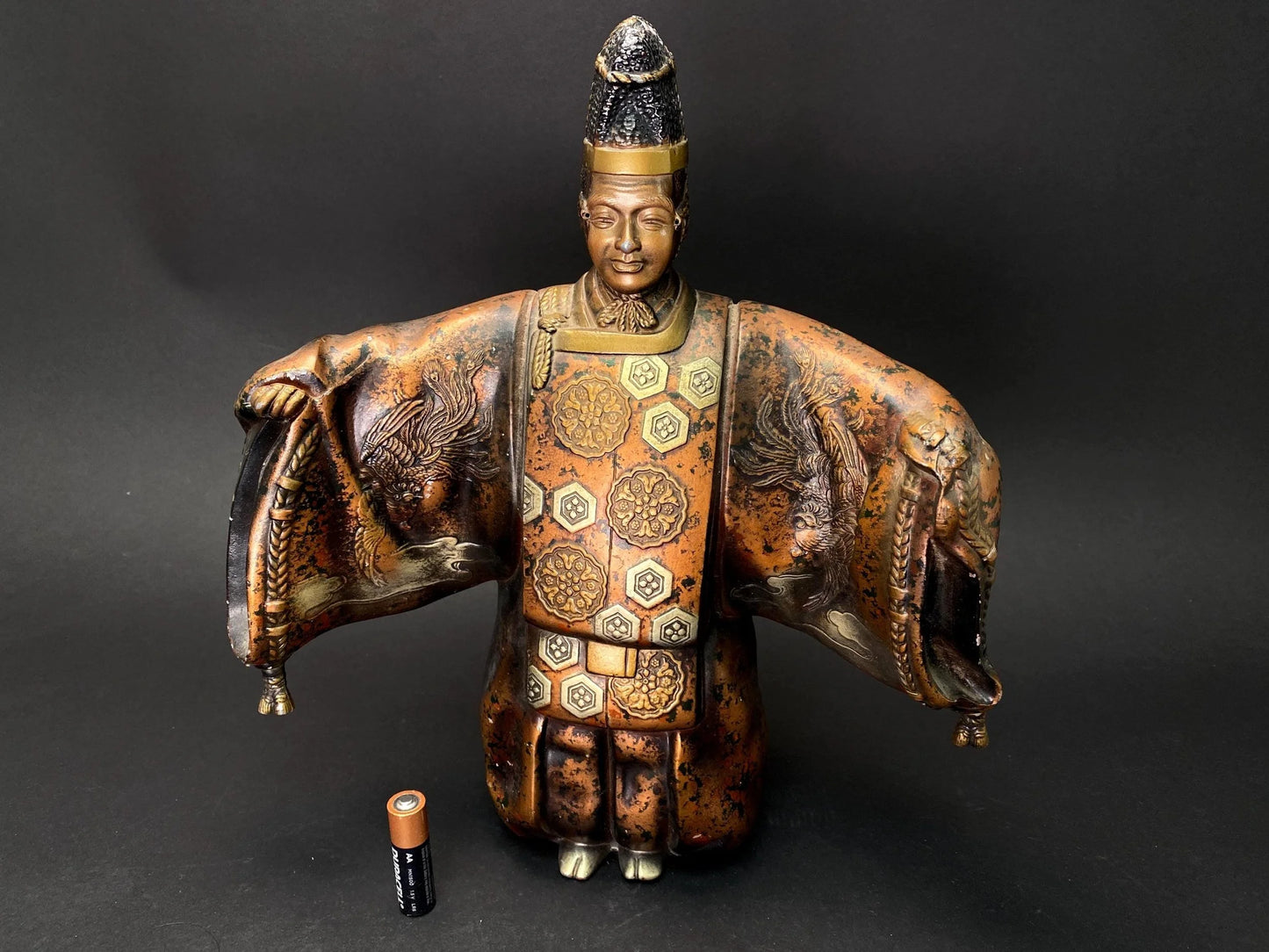 Japanese Cast Metal Noh Dancer Statue: Heavy Bronze Finish Okimono, Court Noble Figure, Phoenix Motif, 12" Asian Decor
