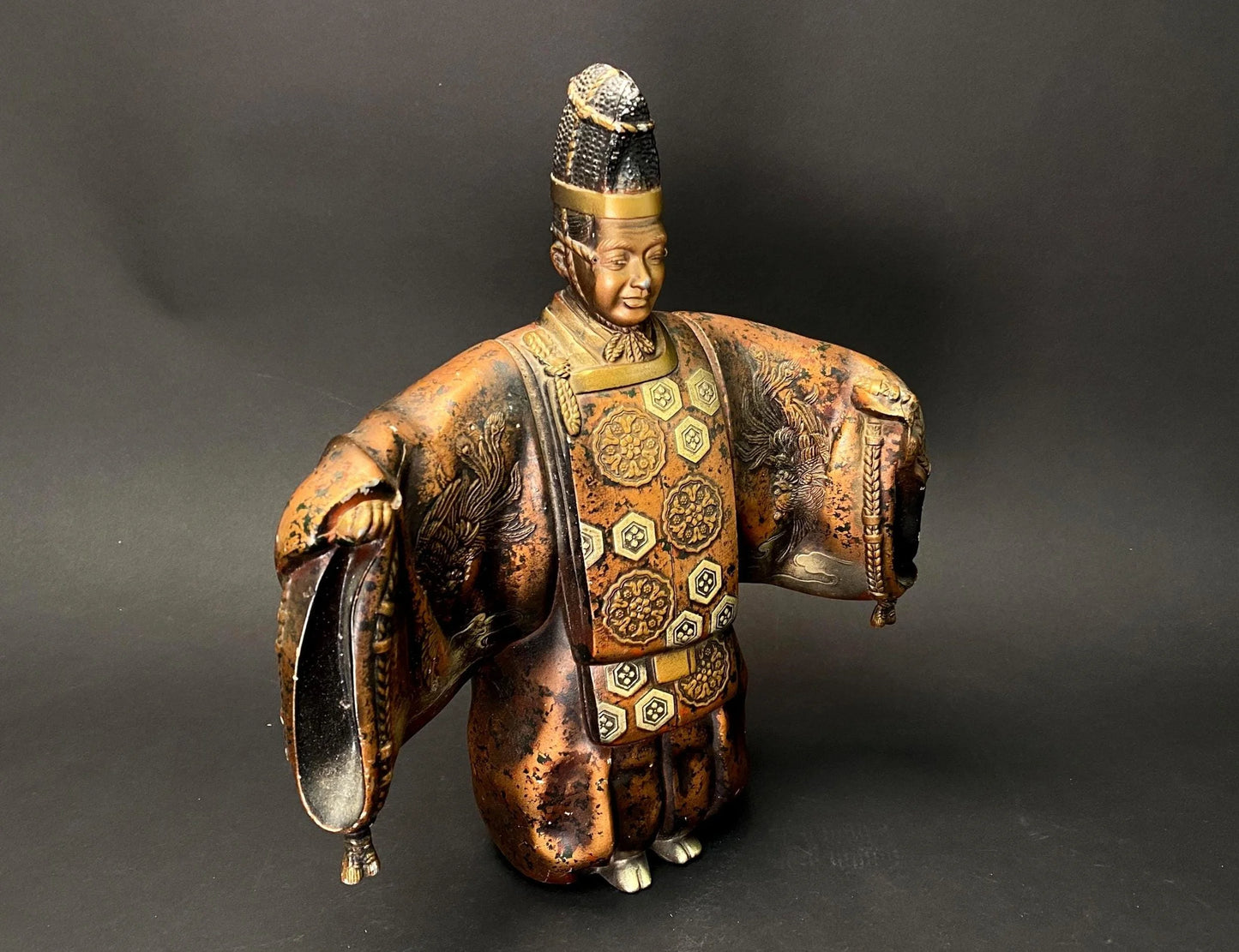 Japanese Cast Metal Noh Dancer Statue: Heavy Bronze Finish Okimono, Court Noble Figure, Phoenix Motif, 12" Asian Decor