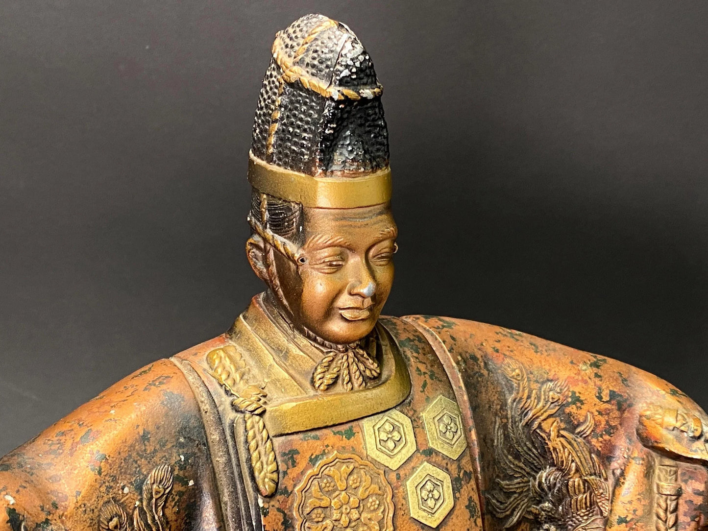 Japanese Cast Metal Noh Dancer Statue: Heavy Bronze Finish Okimono, Court Noble Figure, Phoenix Motif, 12" Asian Decor