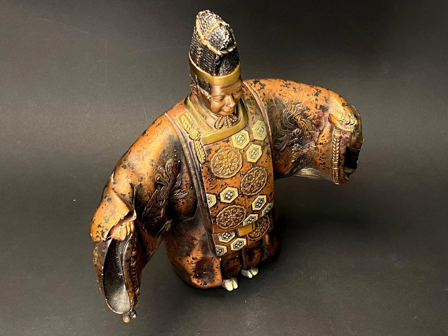 Japanese Cast Metal Noh Dancer Statue: Heavy Bronze Finish Okimono, Court Noble Figure, Phoenix Motif, 12" Asian Decor