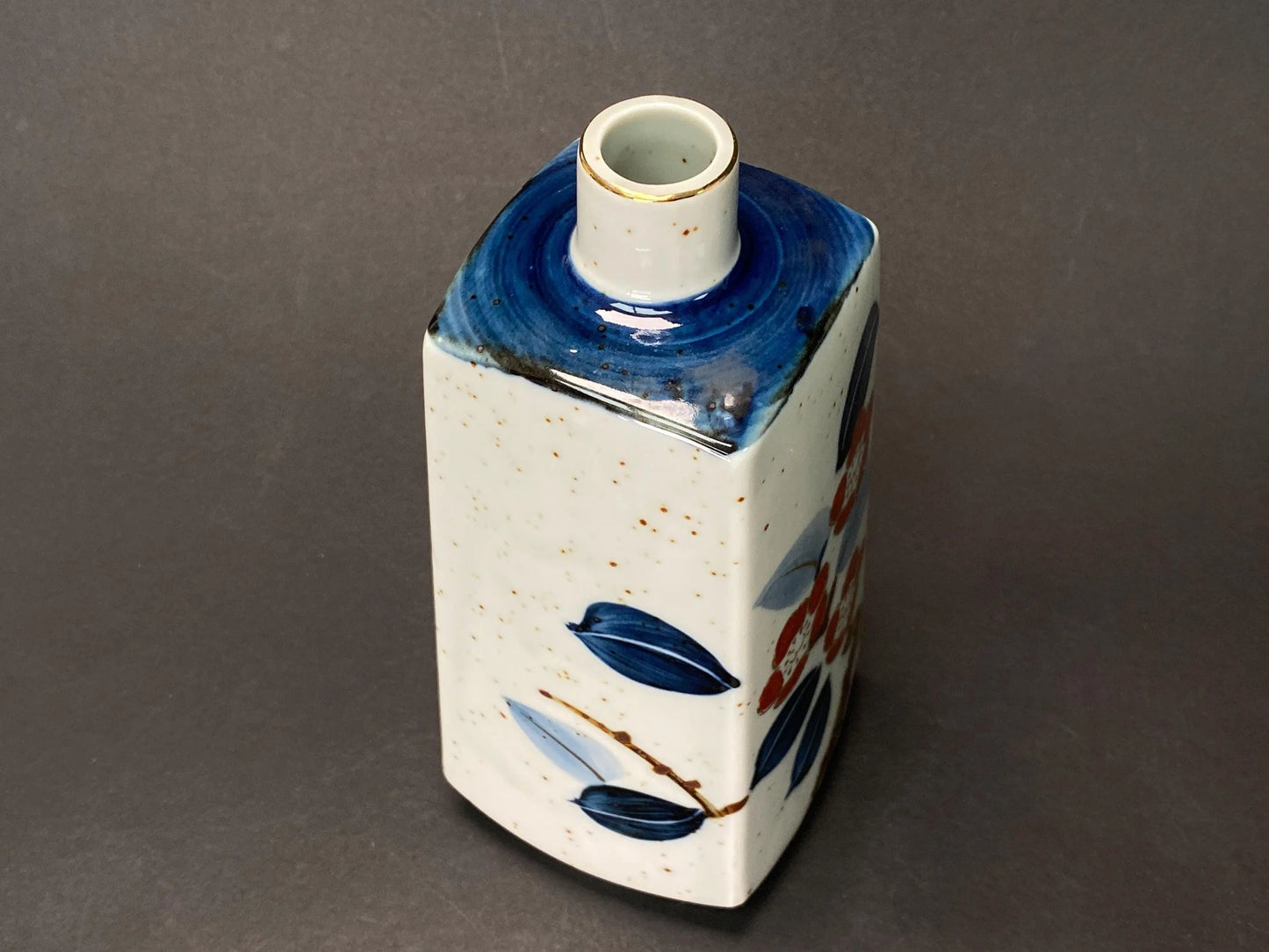 Japanese Camellia Vase Signed Kouhouen: Rectangular Pottery 8.5", Red Tsubaki Flower & Blue Leaf, Ikebana Vase Decor