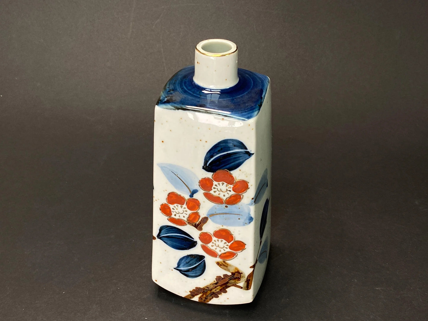 Japanese Camellia Vase Signed Kouhouen: Rectangular Pottery 8.5", Red Tsubaki Flower & Blue Leaf, Ikebana Vase Decor