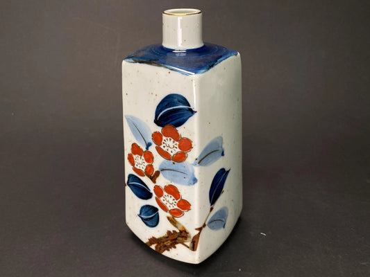 Japanese Camellia Vase Signed Kouhouen: Rectangular Pottery 8.5", Red Tsubaki Flower & Blue Leaf, Ikebana Vase Decor