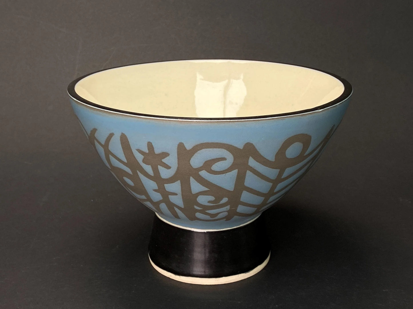 Japanese Tosen Takadai Planter Footed Bowl Signed Tosen：Blue Geometric Sgraffito Pottery, Dia 8" Ceramic Compote, Modern Decor Centerpiece