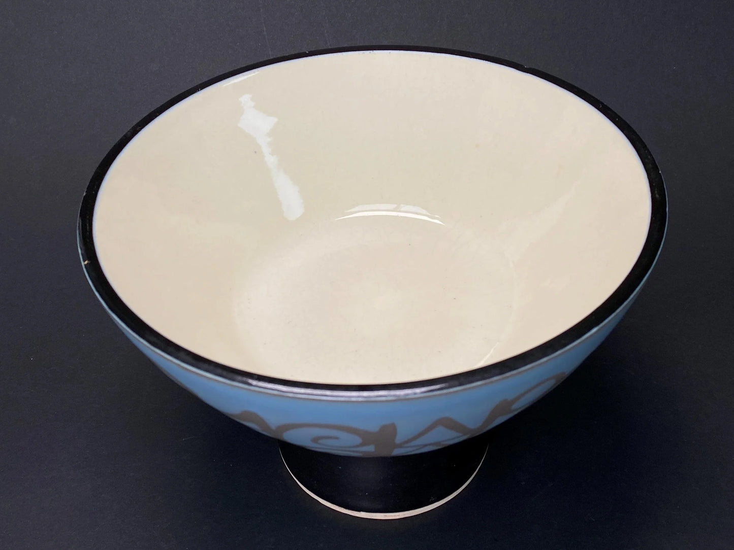 Japanese Tosen Takadai Planter Footed Bowl Signed Tosen：Blue Geometric Sgraffito Pottery, Dia 8" Ceramic Compote, Modern Decor Centerpiece